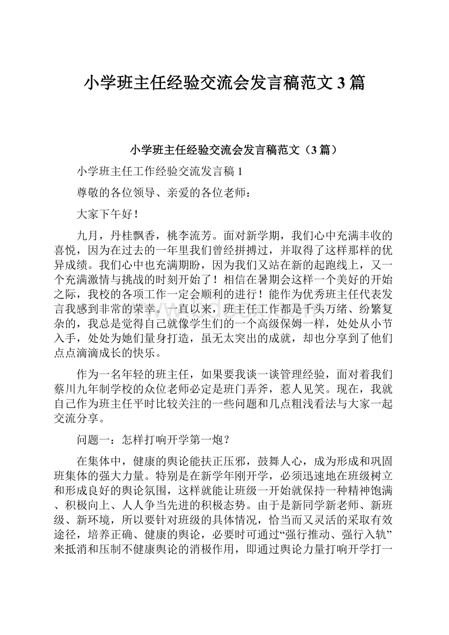 小学班主任经验交流会发言稿范文3篇.docx