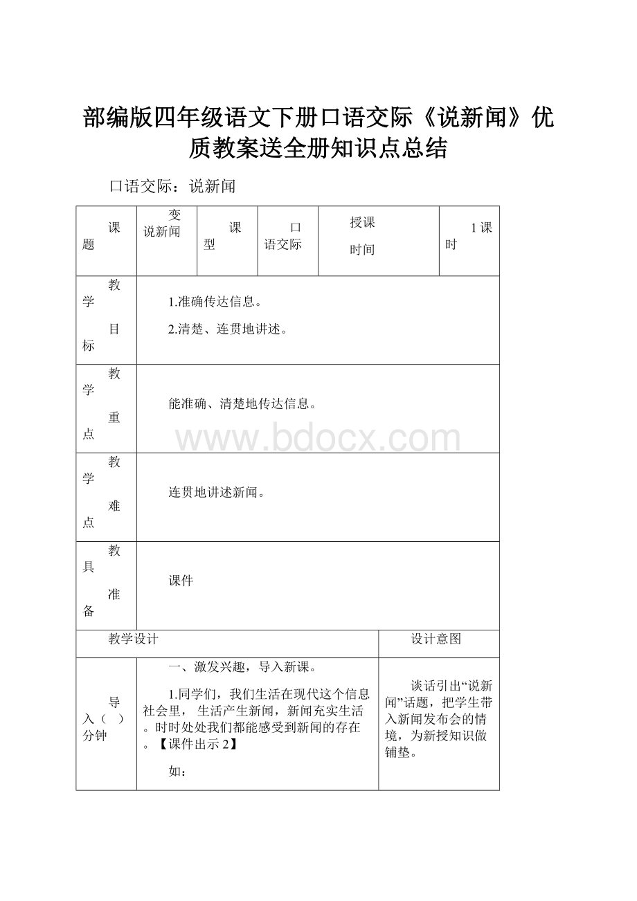 部编版四年级语文下册口语交际《说新闻》优质教案送全册知识点总结.docx_第1页