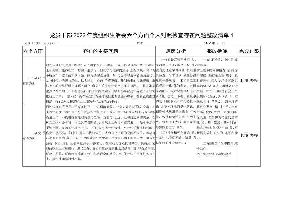 2022-2023年度组织生活会六个方面个人对照检查查摆存在问题整改清单台账3份（对照政治信仰、党员意识、理论学习、能力本领、作用发挥、纪律作风方面）.docx