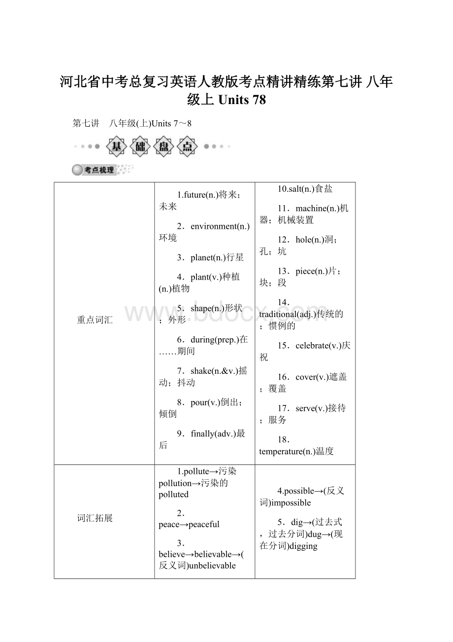 河北省中考总复习英语人教版考点精讲精练第七讲 八年级上Units 78.docx