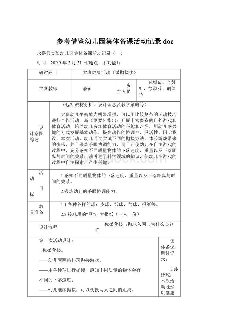 参考借鉴幼儿园集体备课活动记录doc.docx_第1页