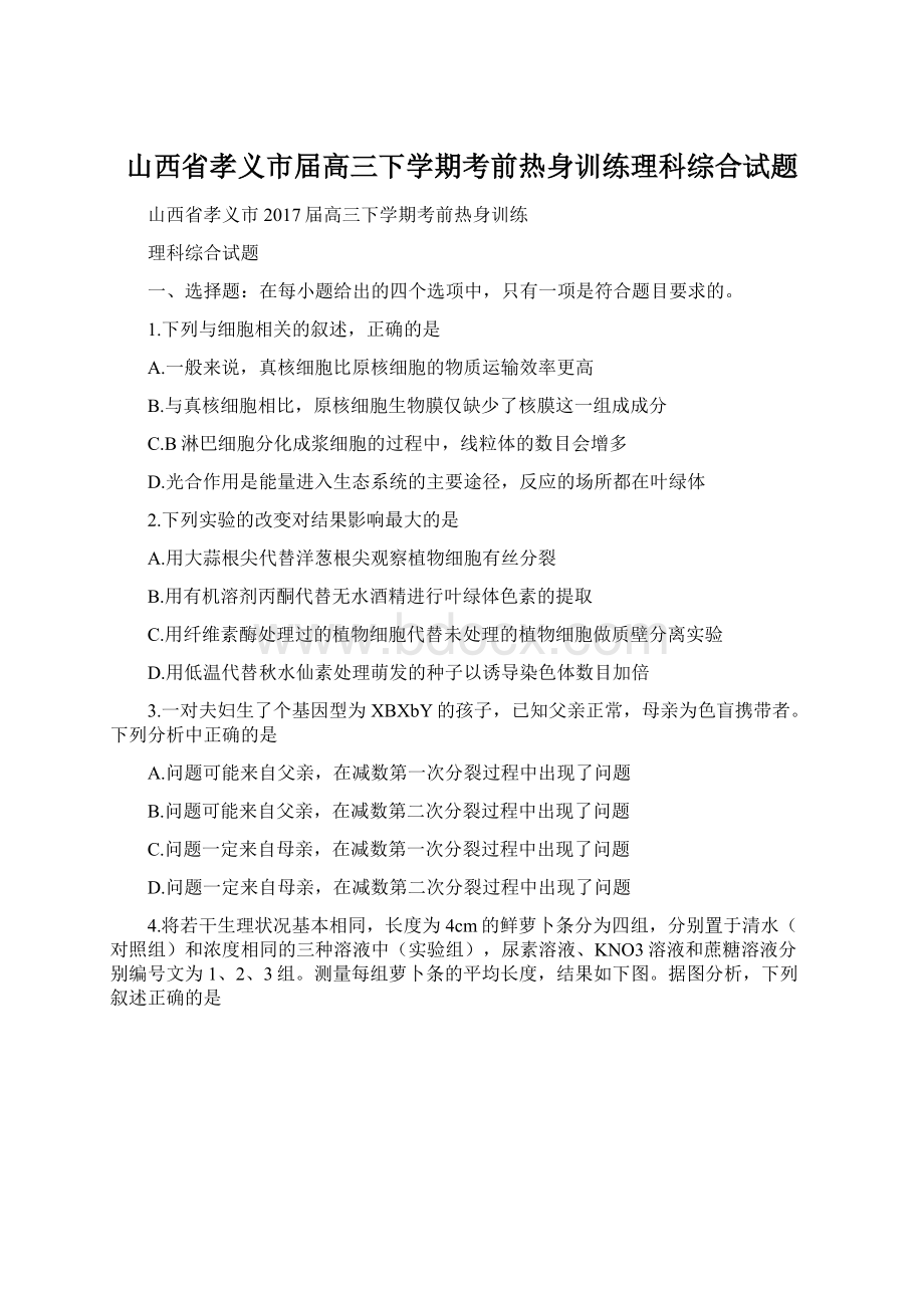 山西省孝义市届高三下学期考前热身训练理科综合试题.docx_第1页