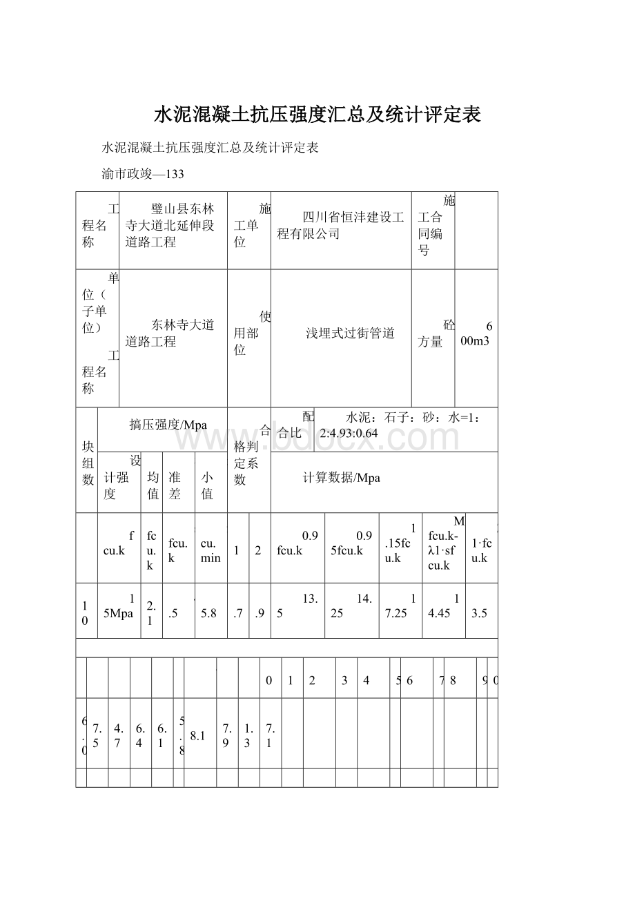 水泥混凝土抗压强度汇总及统计评定表.docx