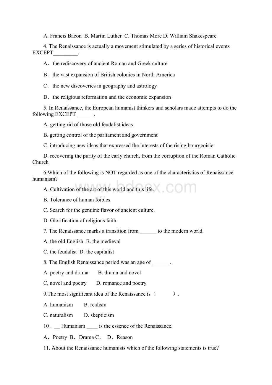 英美文学选读英国文艺复兴时期练习题汇总情况选择大题.docx_第2页