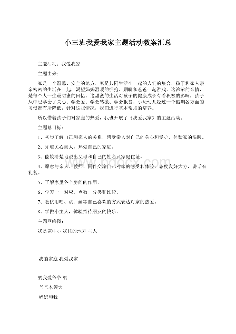 小三班我爱我家主题活动教案汇总.docx