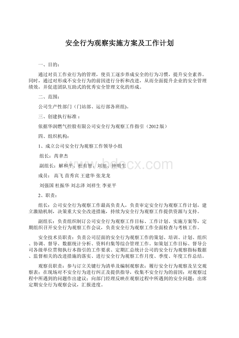 安全行为观察实施方案及工作计划.docx