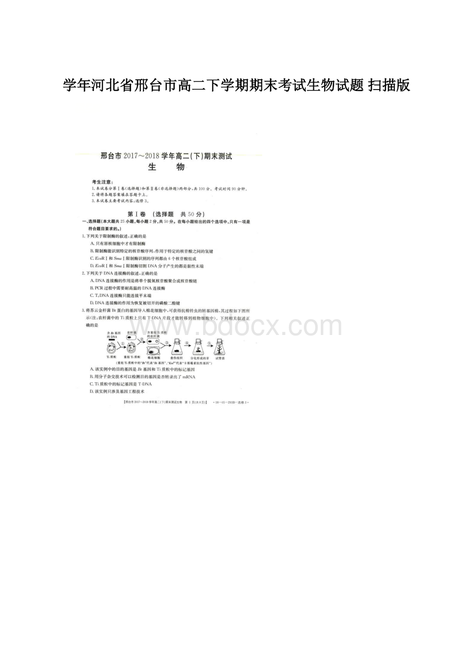 学年河北省邢台市高二下学期期末考试生物试题 扫描版.docx