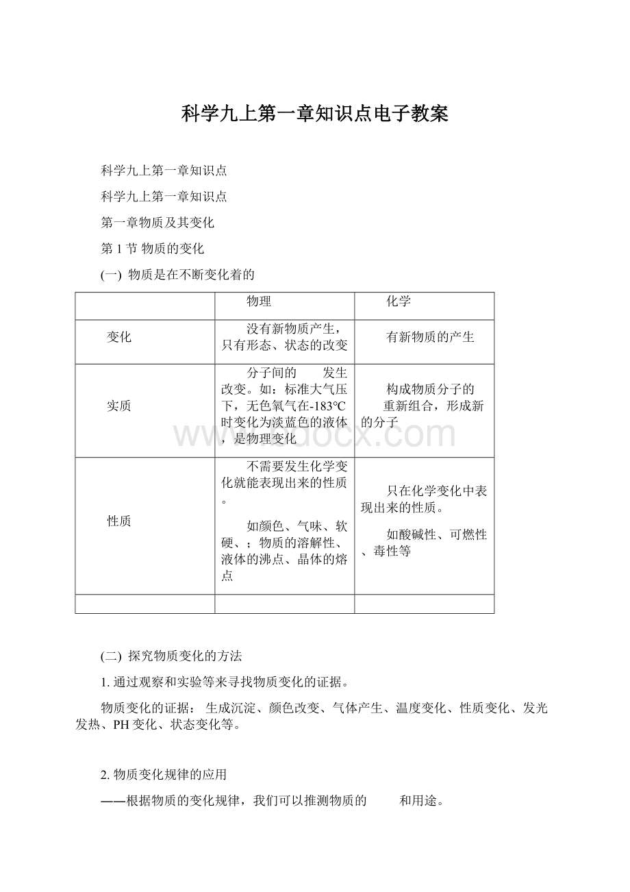 科学九上第一章知识点电子教案.docx