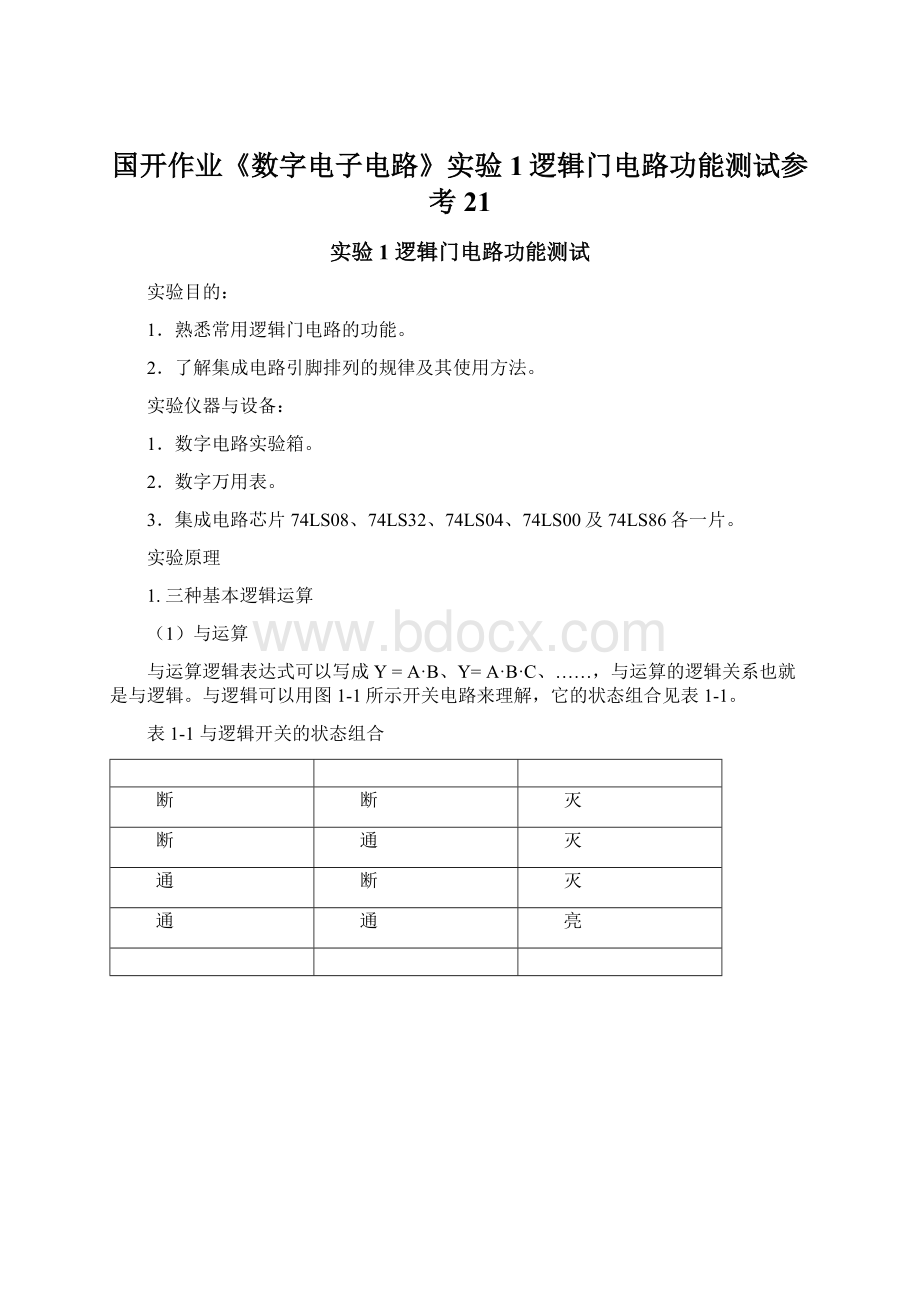 国开作业《数字电子电路》实验1逻辑门电路功能测试参考21.docx