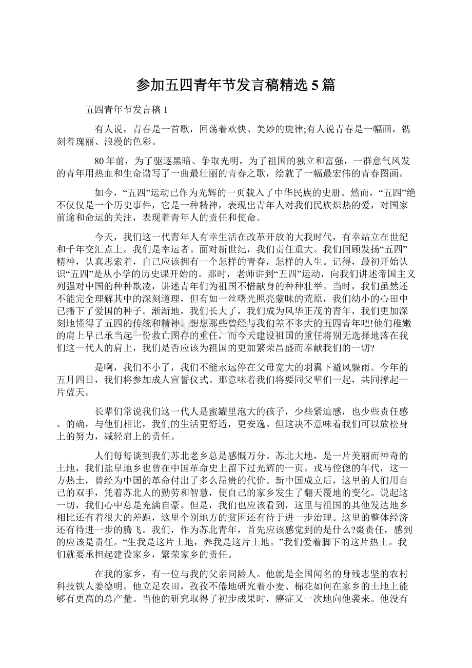 参加五四青年节发言稿精选5篇.docx_第1页