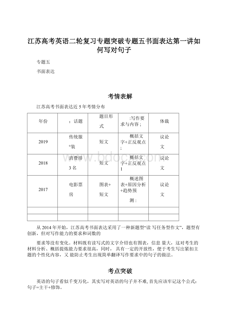 江苏高考英语二轮复习专题突破专题五书面表达第一讲如何写对句子.docx