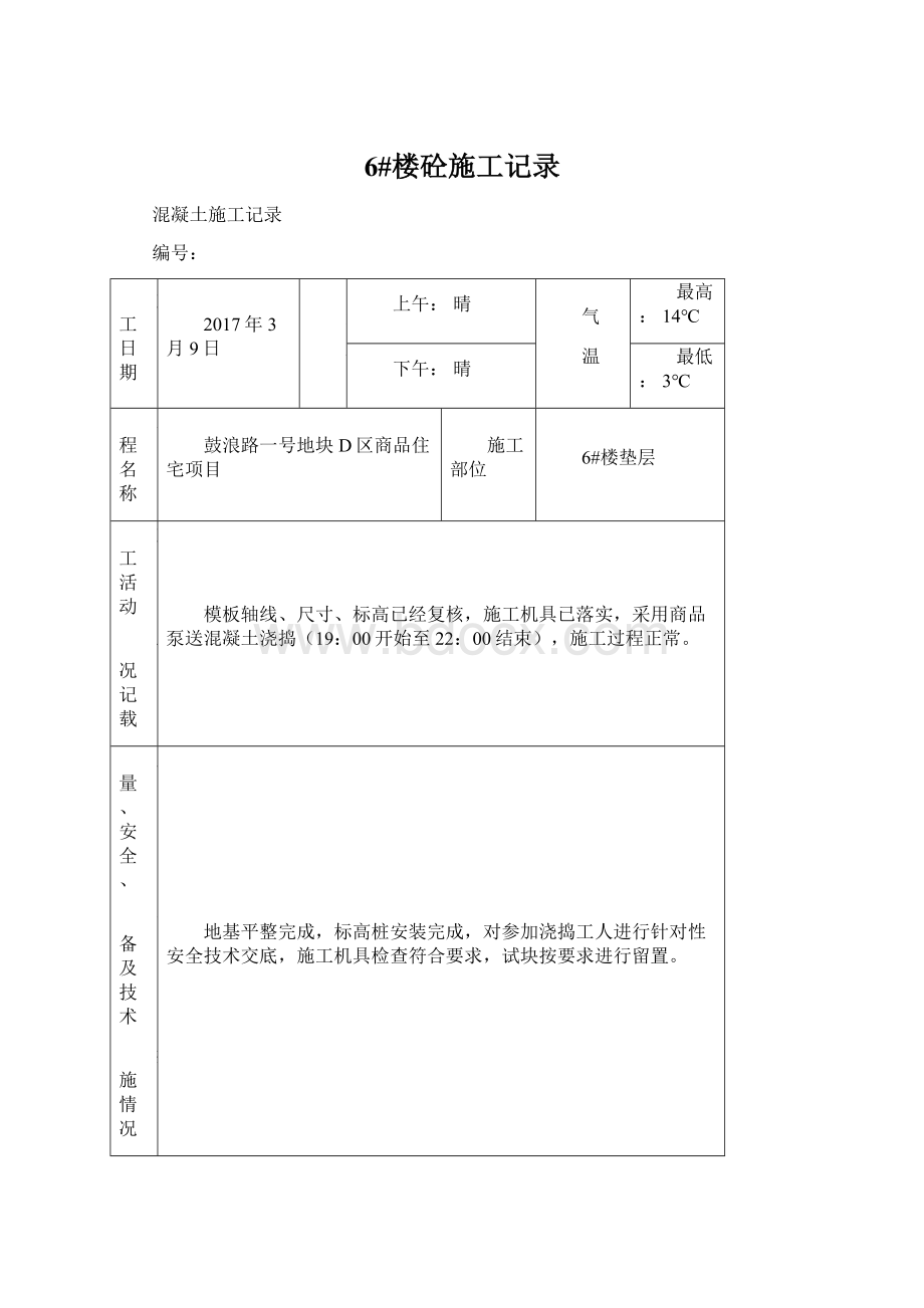 6#楼砼施工记录.docx_第1页