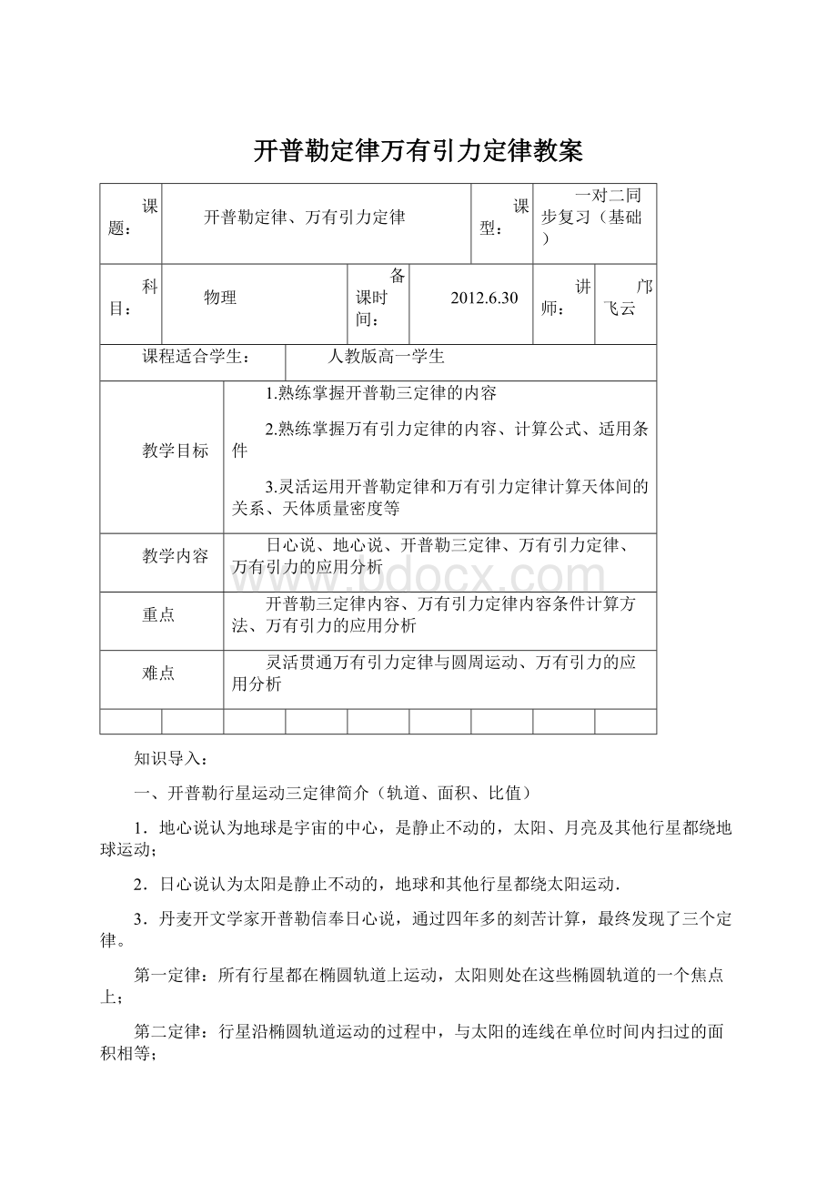 开普勒定律万有引力定律教案.docx_第1页