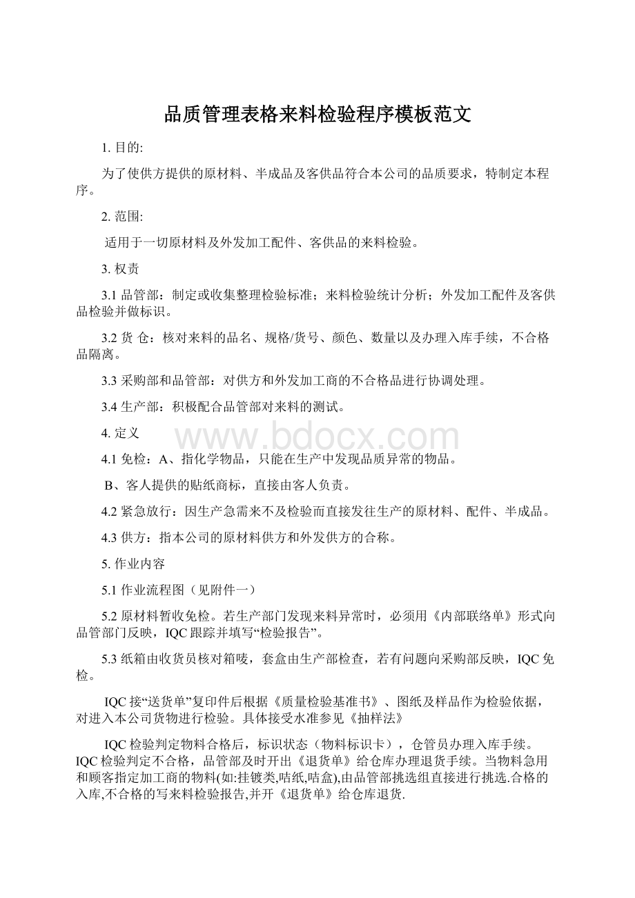 品质管理表格来料检验程序模板范文.docx