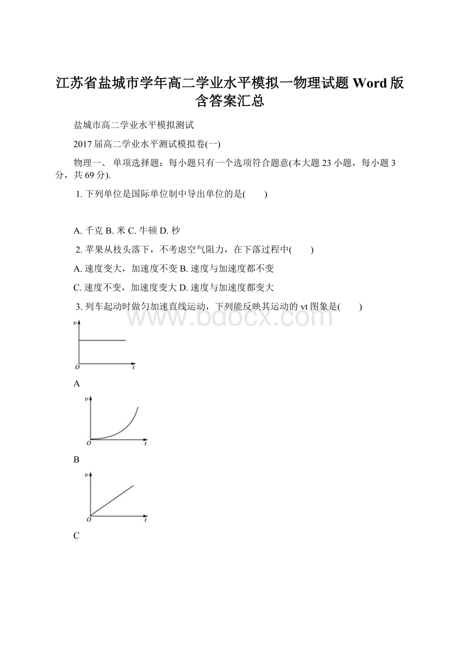 江苏省盐城市学年高二学业水平模拟一物理试题 Word版含答案汇总.docx_第1页