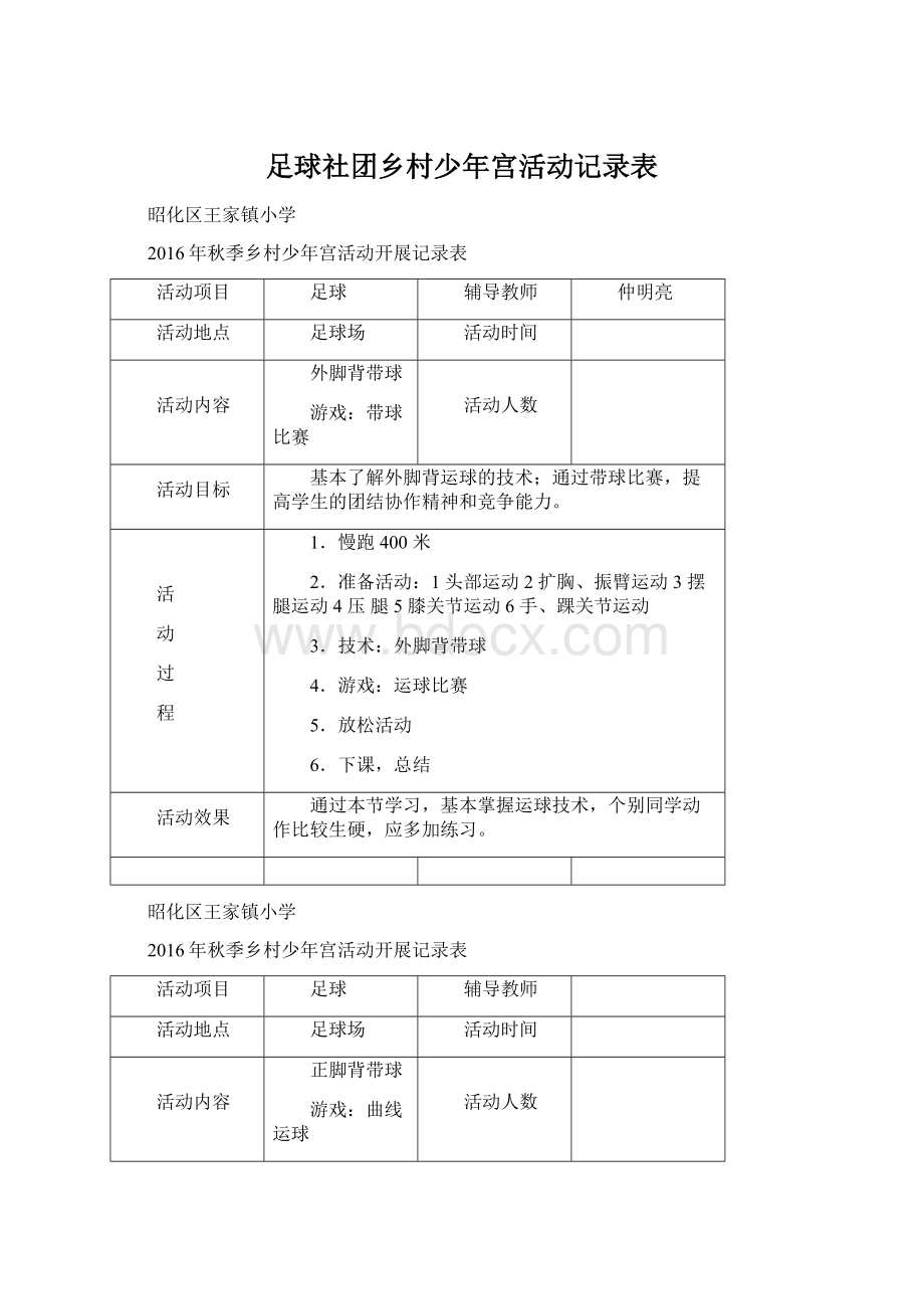 足球社团乡村少年宫活动记录表.docx