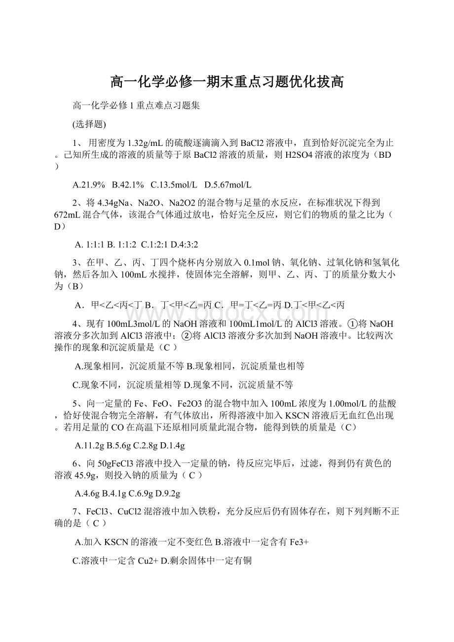 高一化学必修一期末重点习题优化拔高.docx