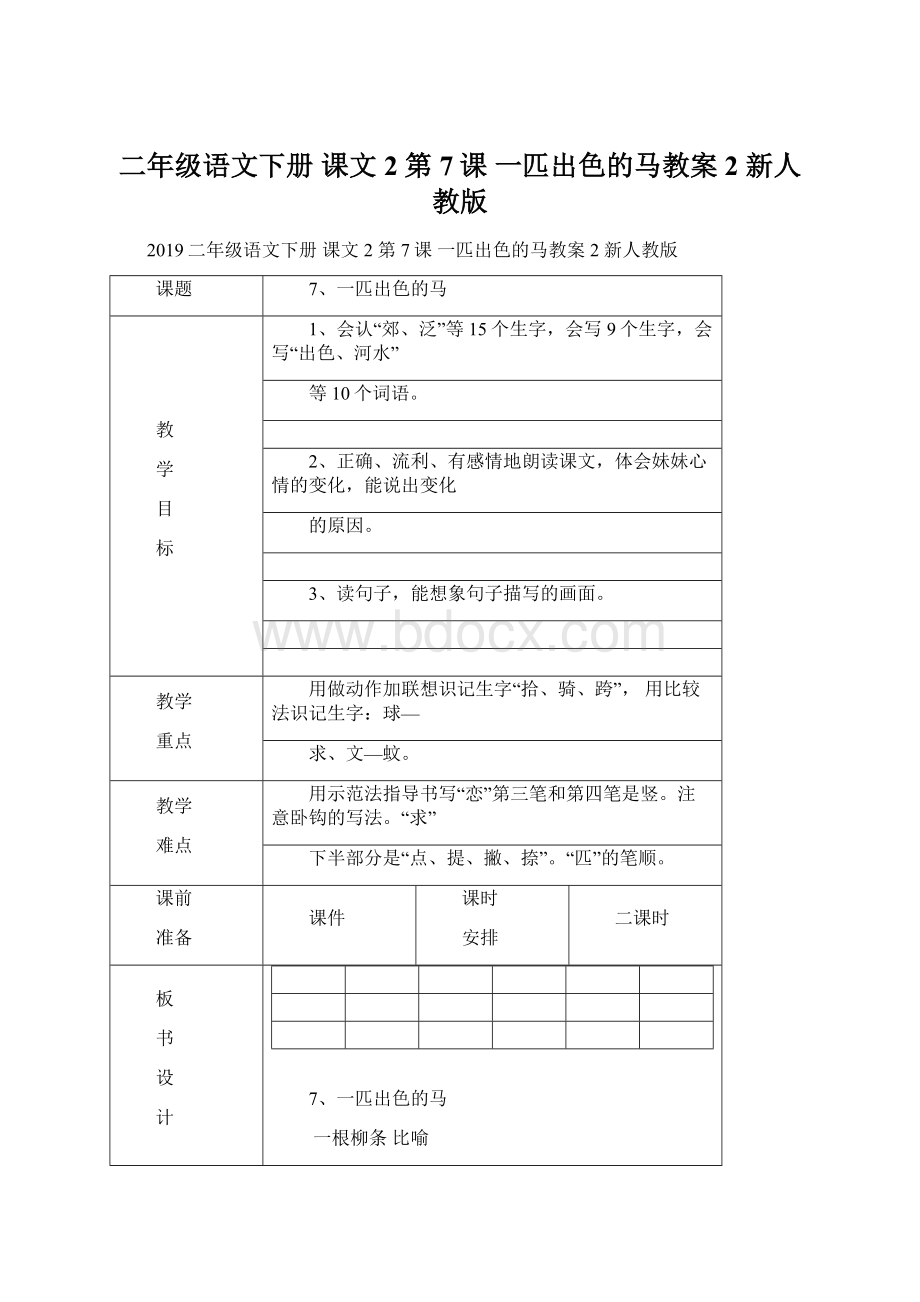 二年级语文下册 课文2 第7课 一匹出色的马教案2 新人教版.docx