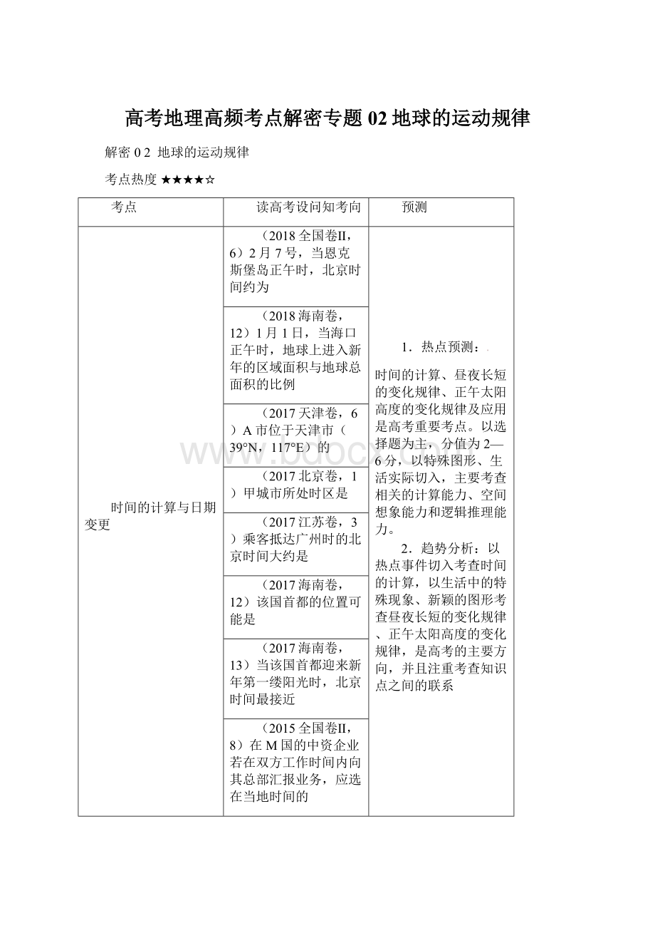 高考地理高频考点解密专题02地球的运动规律.docx