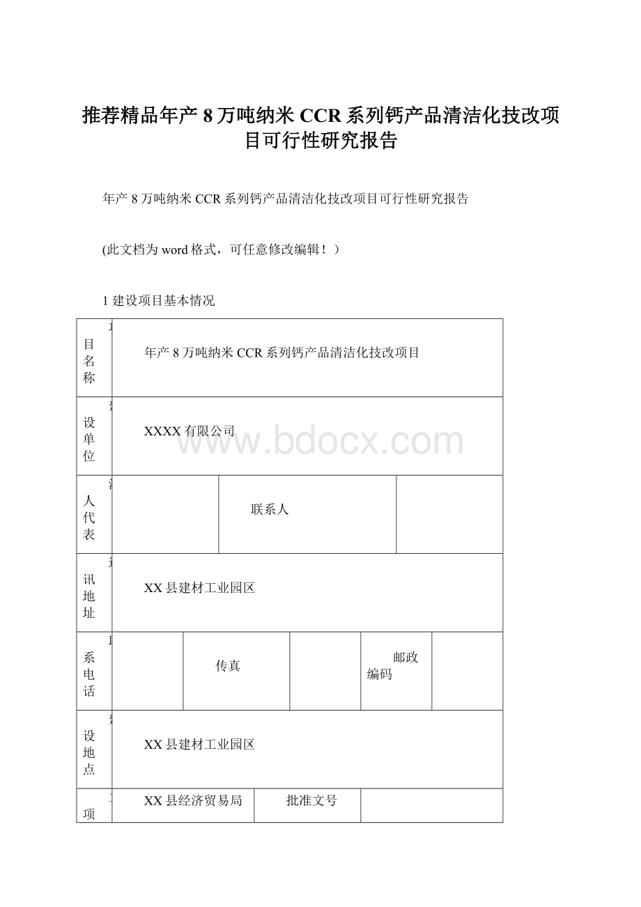 推荐精品年产8万吨纳米CCR系列钙产品清洁化技改项目可行性研究报告.docx_第1页