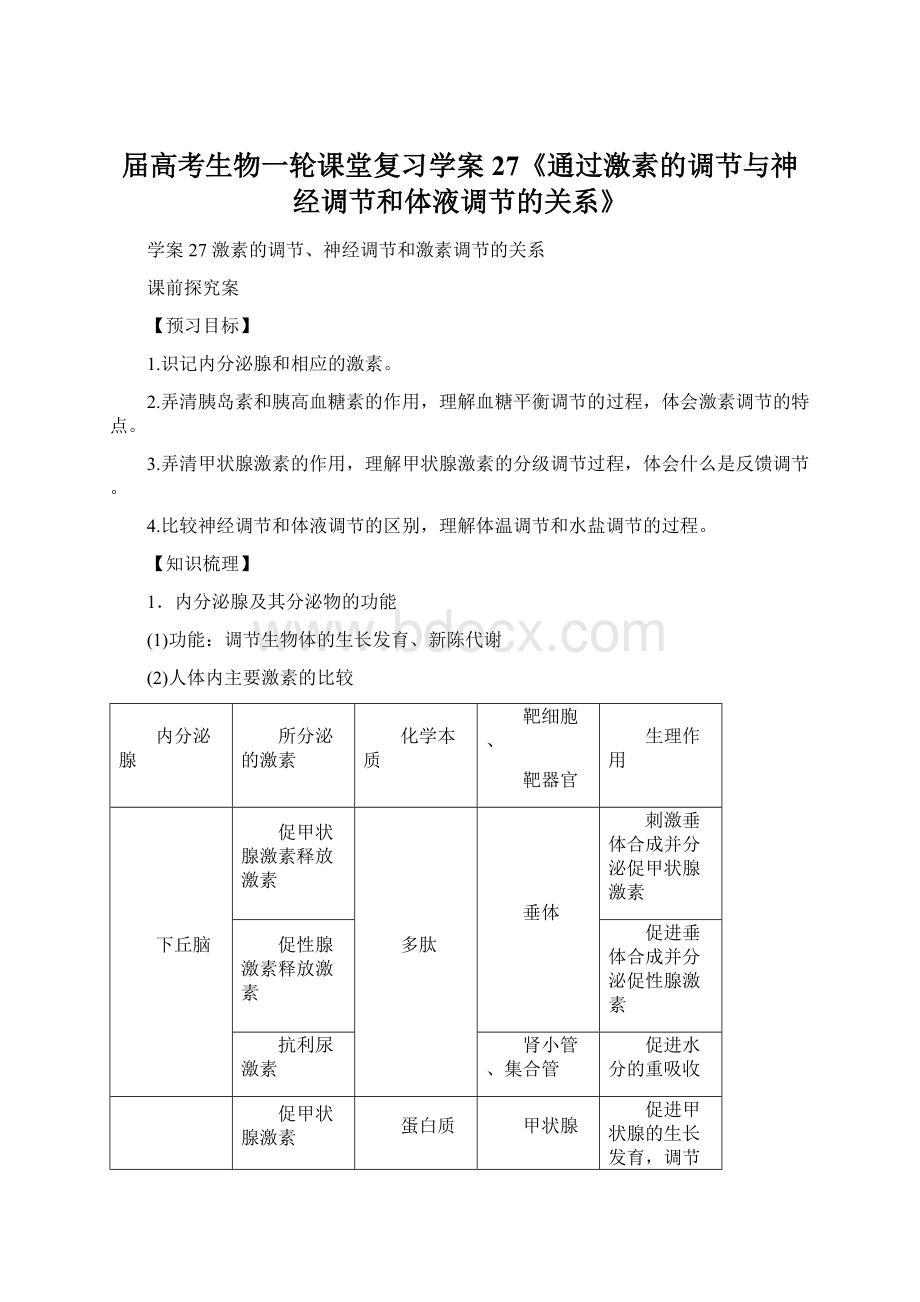 届高考生物一轮课堂复习学案27《通过激素的调节与神经调节和体液调节的关系》.docx_第1页