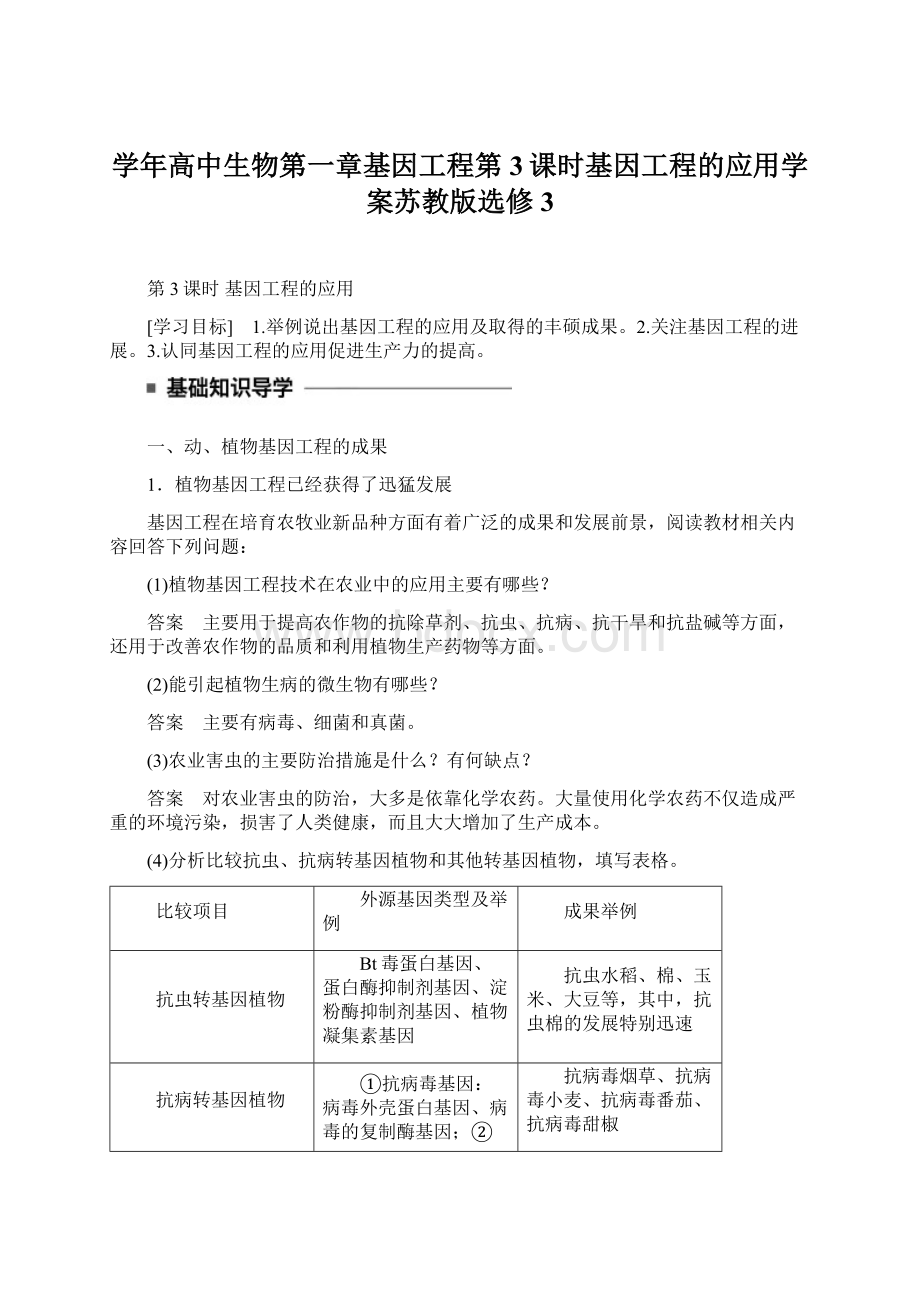 学年高中生物第一章基因工程第3课时基因工程的应用学案苏教版选修3.docx