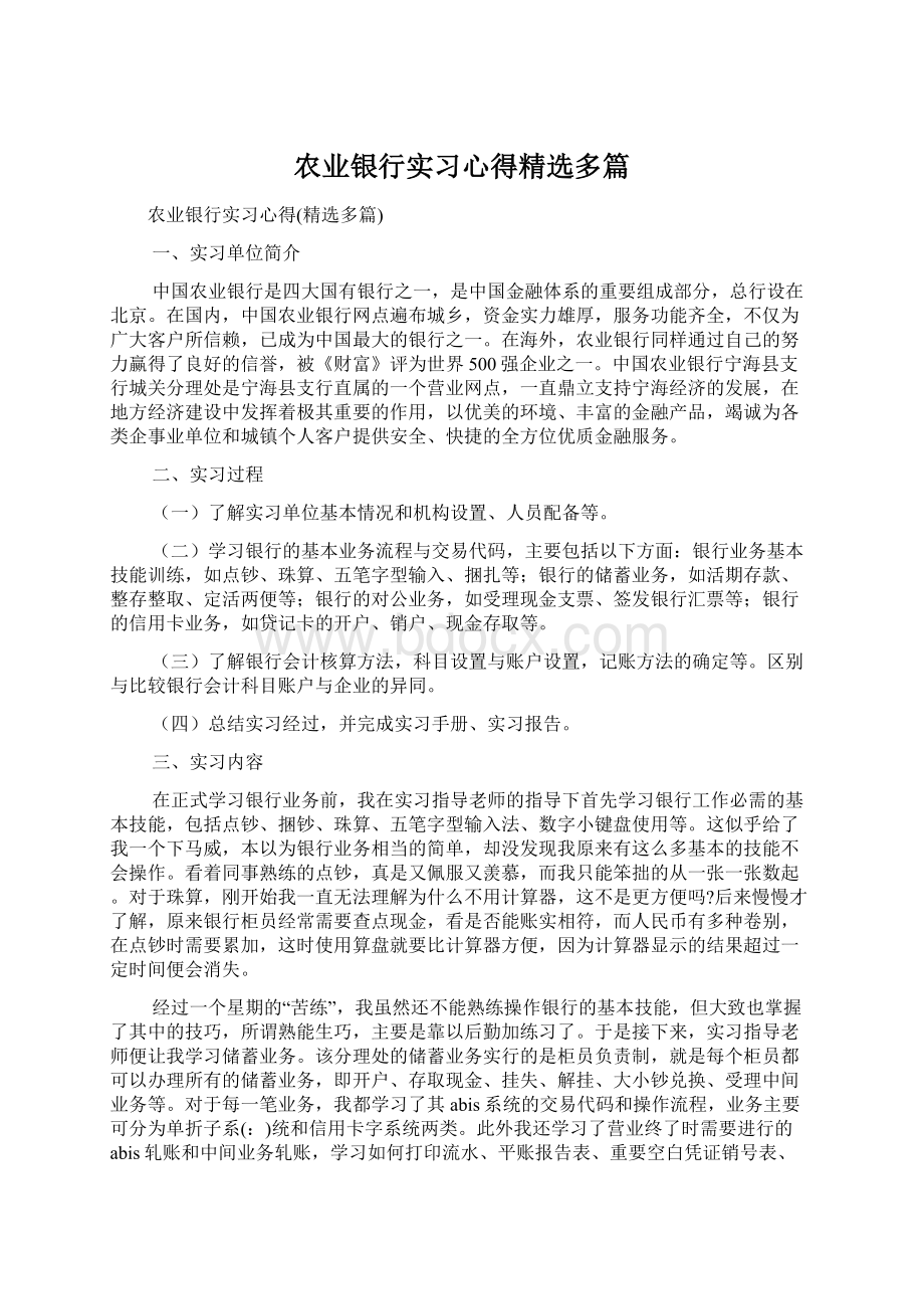 农业银行实习心得精选多篇.docx