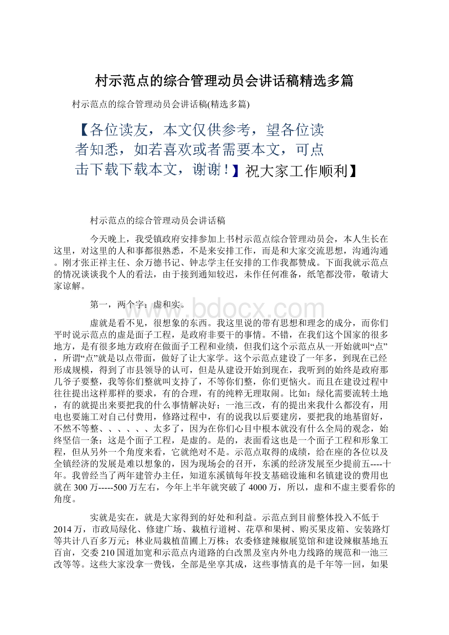 村示范点的综合管理动员会讲话稿精选多篇.docx_第1页