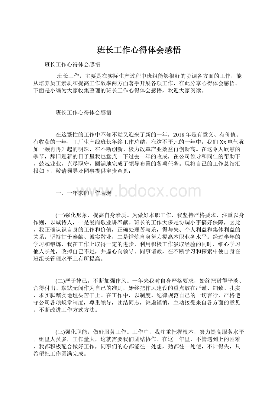 班长工作心得体会感悟.docx