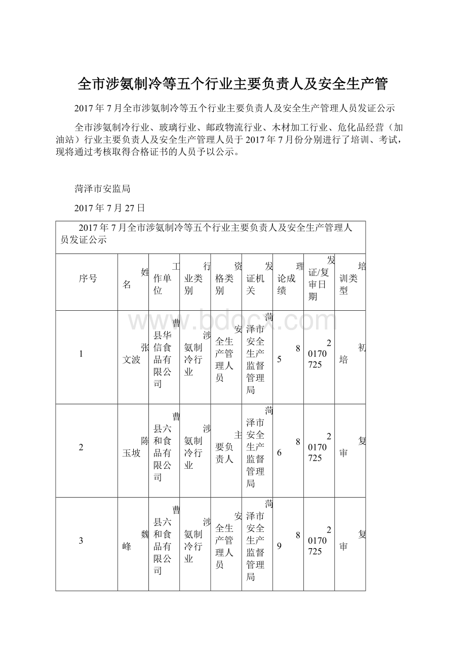 全市涉氨制冷等五个行业主要负责人及安全生产管.docx