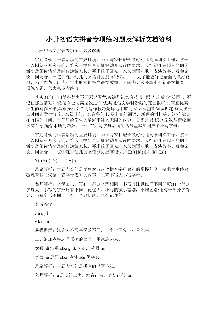 小升初语文拼音专项练习题及解析文档资料.docx