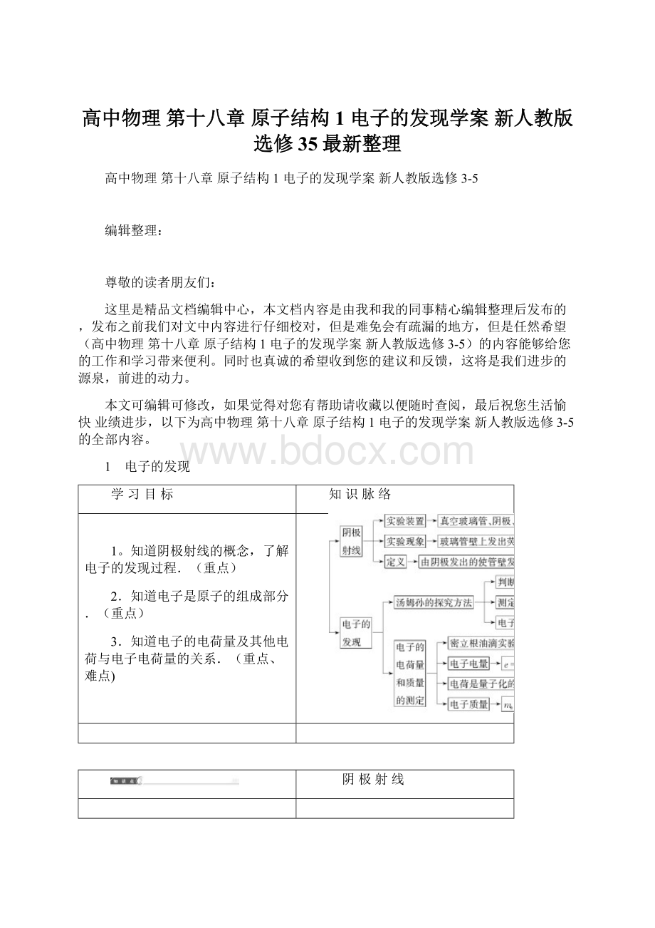 高中物理 第十八章 原子结构 1 电子的发现学案 新人教版选修35最新整理.docx