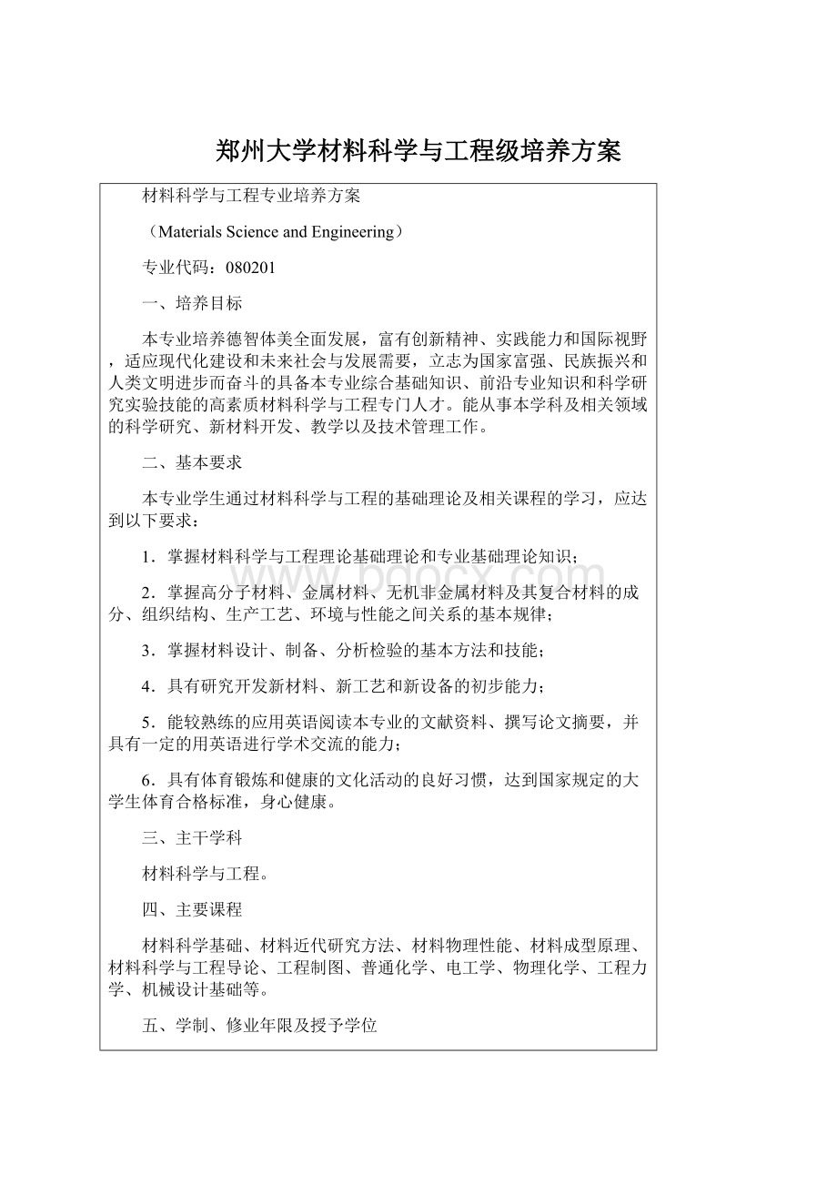 郑州大学材料科学与工程级培养方案.docx_第1页