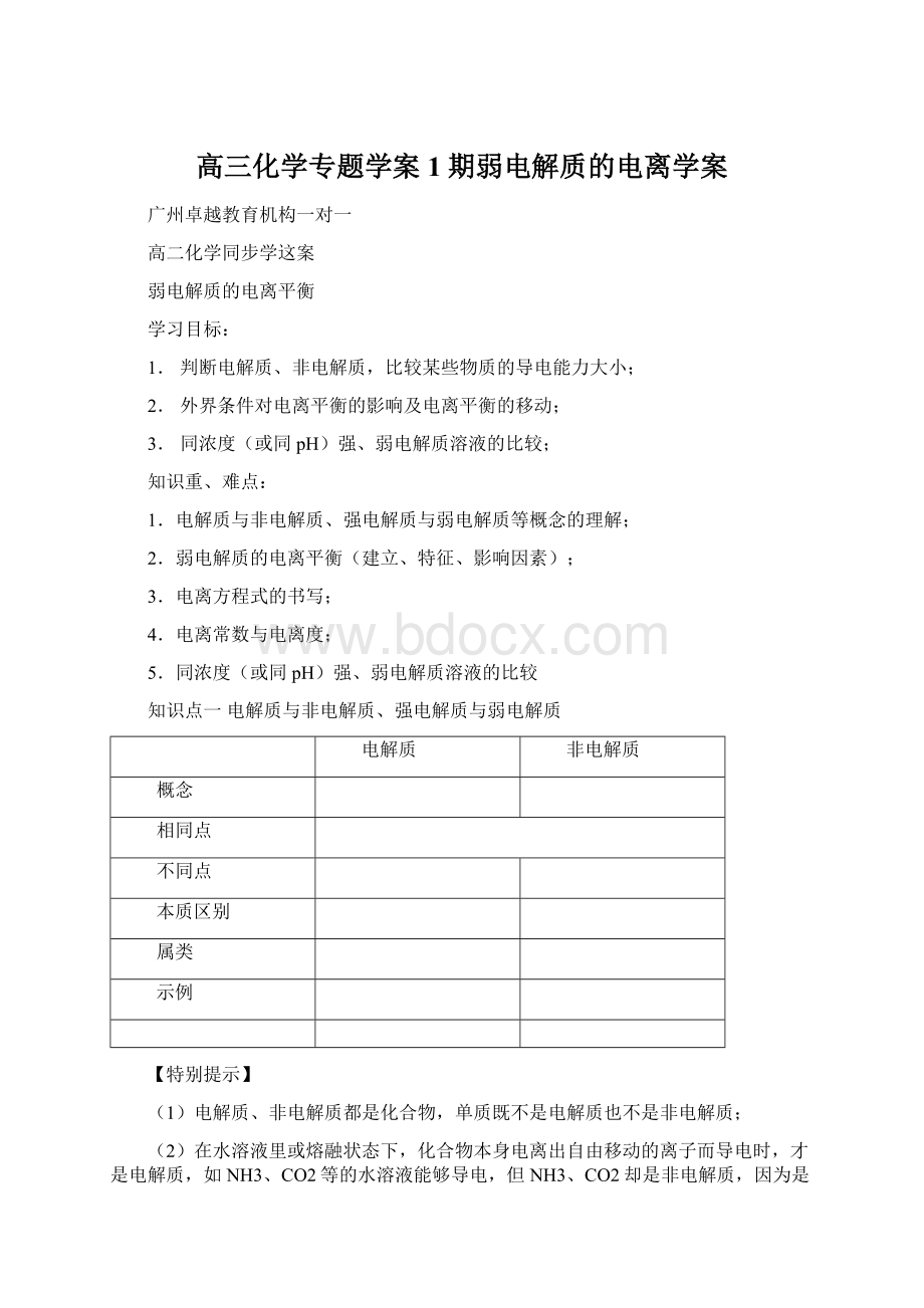 高三化学专题学案1期弱电解质的电离学案.docx