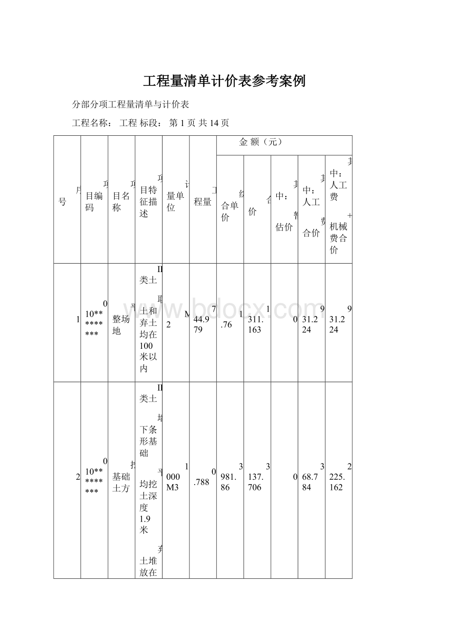 工程量清单计价表参考案例.docx_第1页