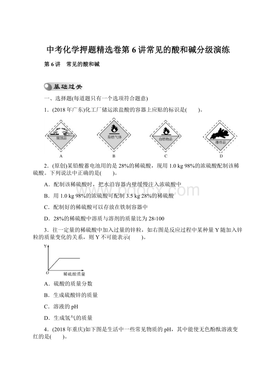 中考化学押题精选卷第6讲常见的酸和碱分级演练.docx