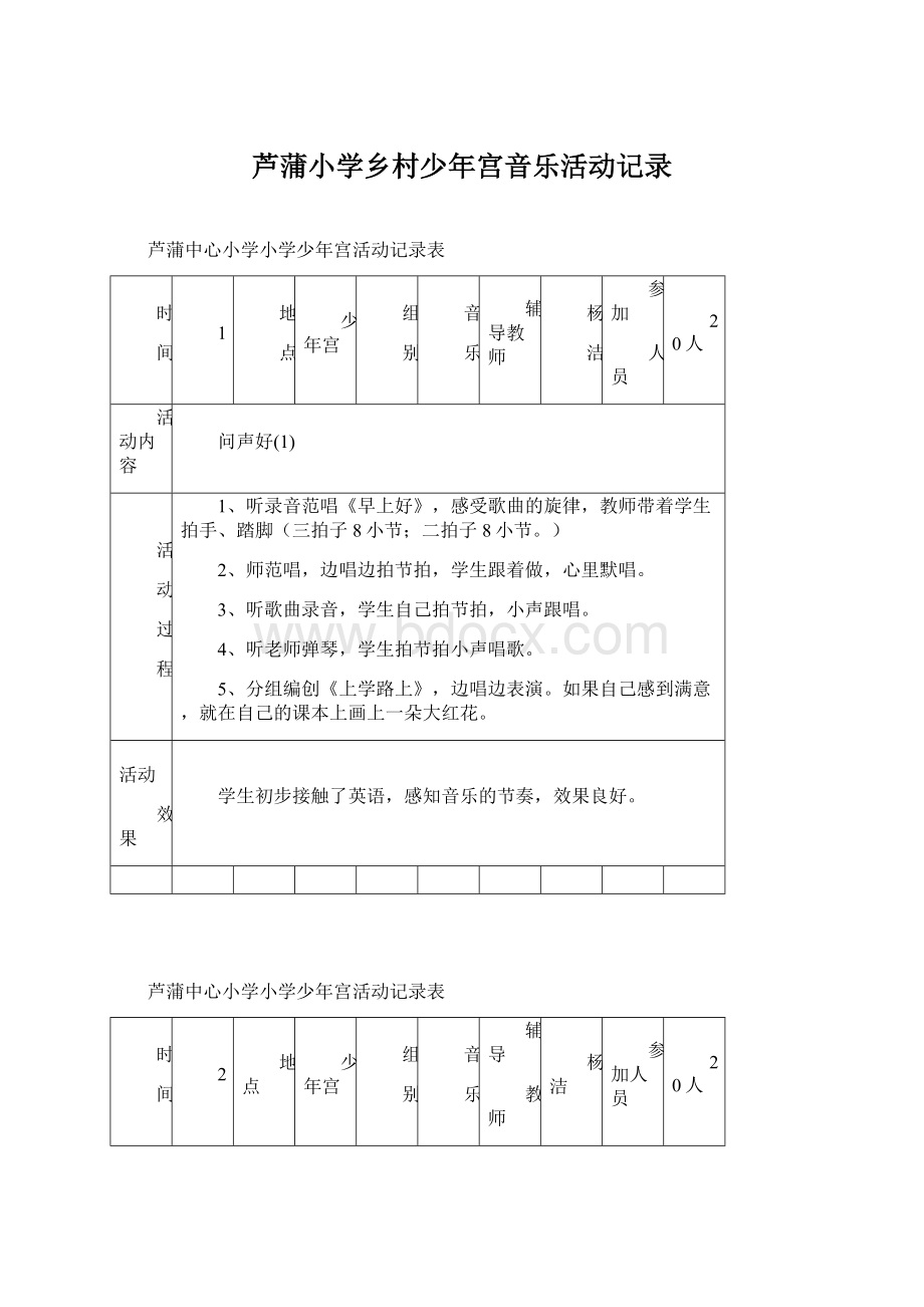 芦蒲小学乡村少年宫音乐活动记录.docx_第1页