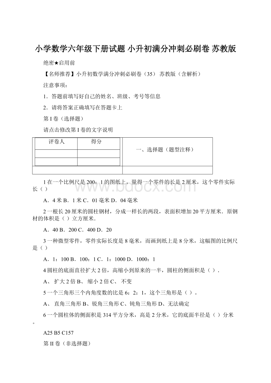 小学数学六年级下册试题小升初满分冲刺必刷卷苏教版.docx