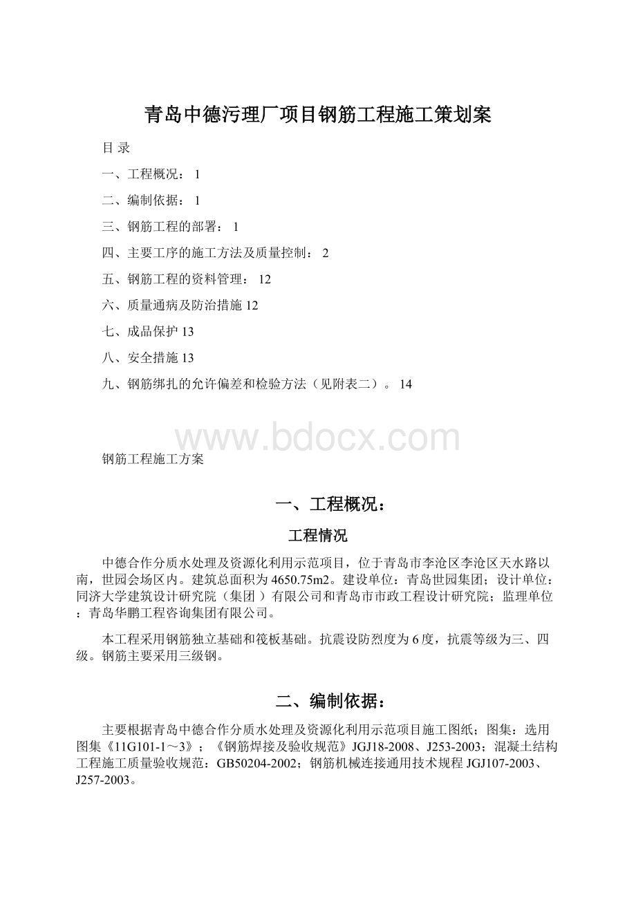 青岛中德污理厂项目钢筋工程施工策划案.docx_第1页