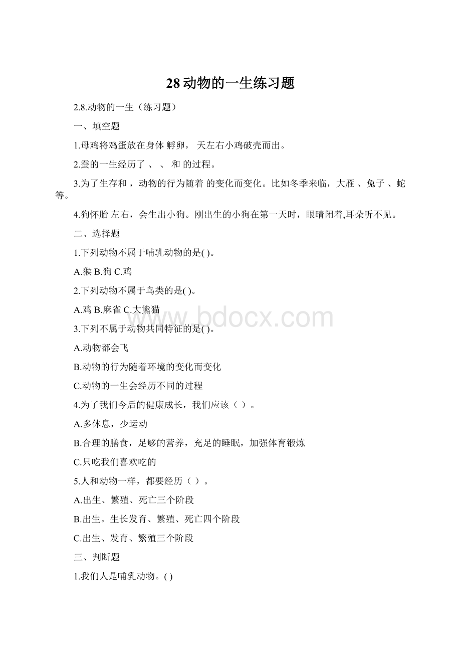 28动物的一生练习题.docx