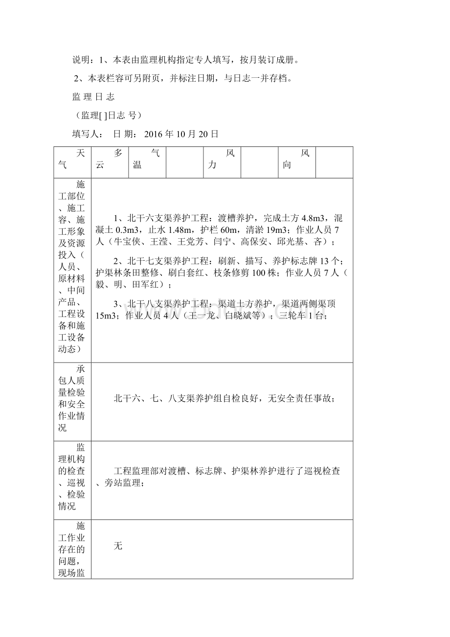 水利工程监理日志填写样板渠道养护.docx_第3页