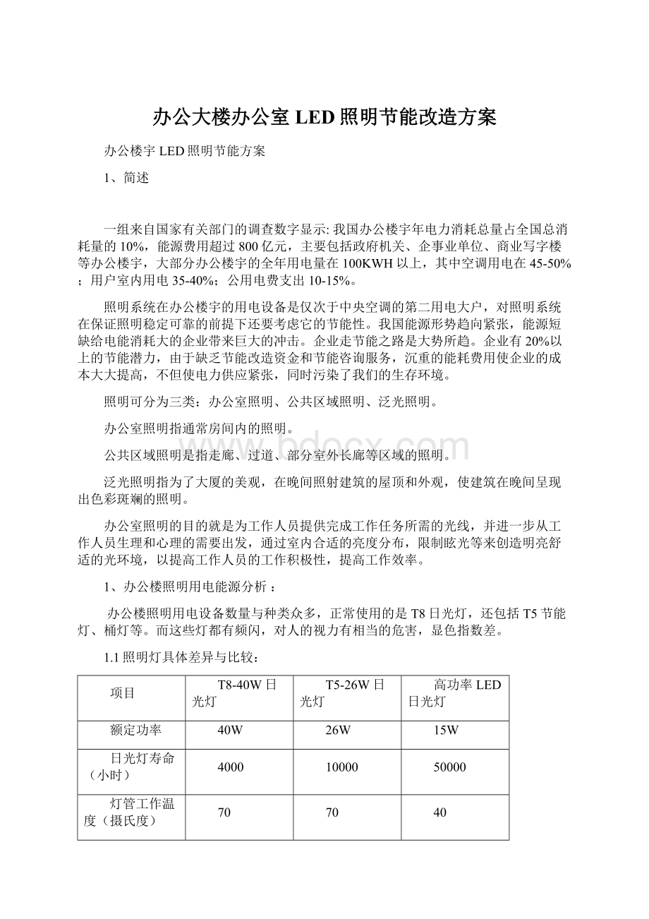 办公大楼办公室LED照明节能改造方案.docx_第1页