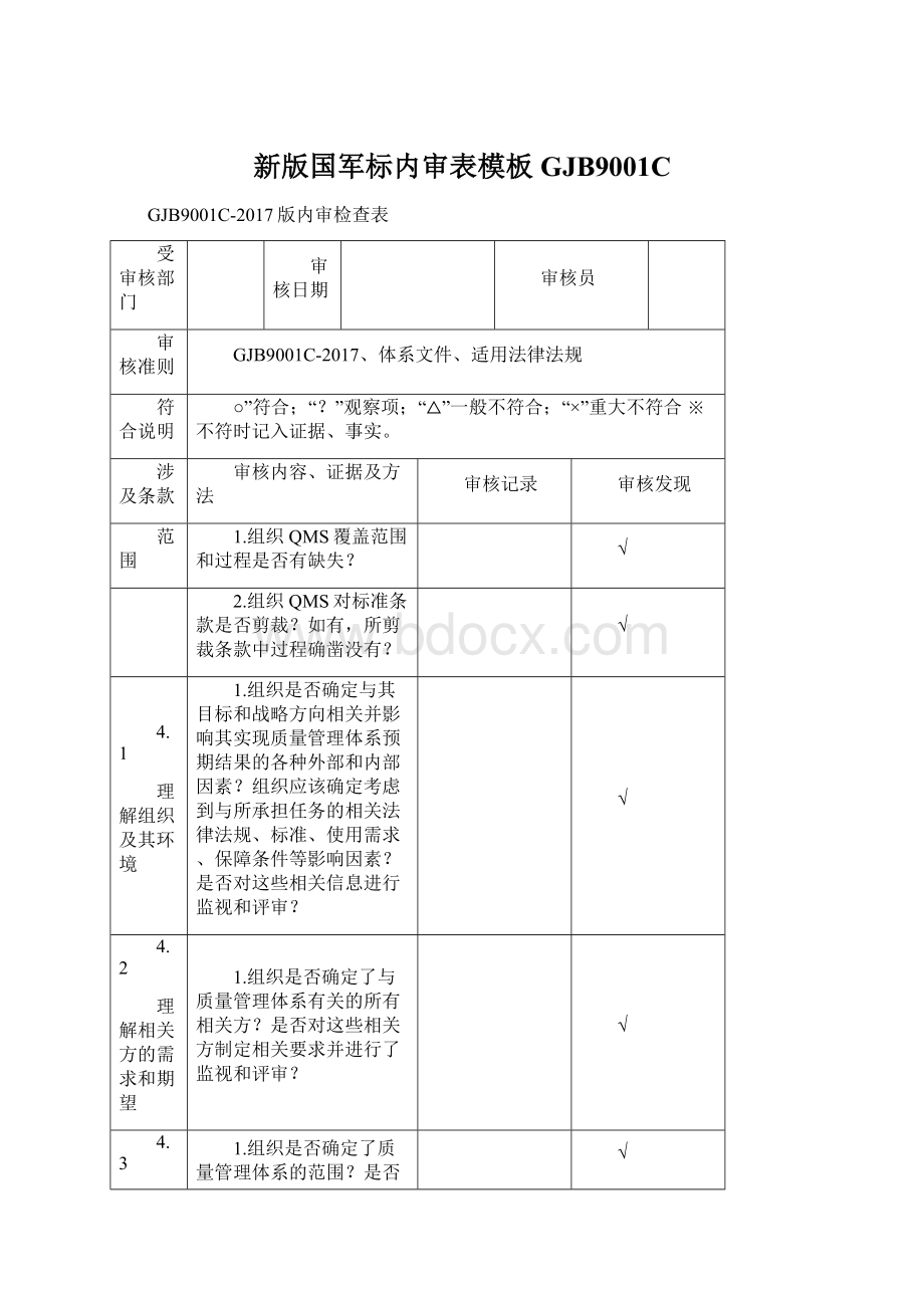 新版国军标内审表模板GJB9001C.docx_第1页