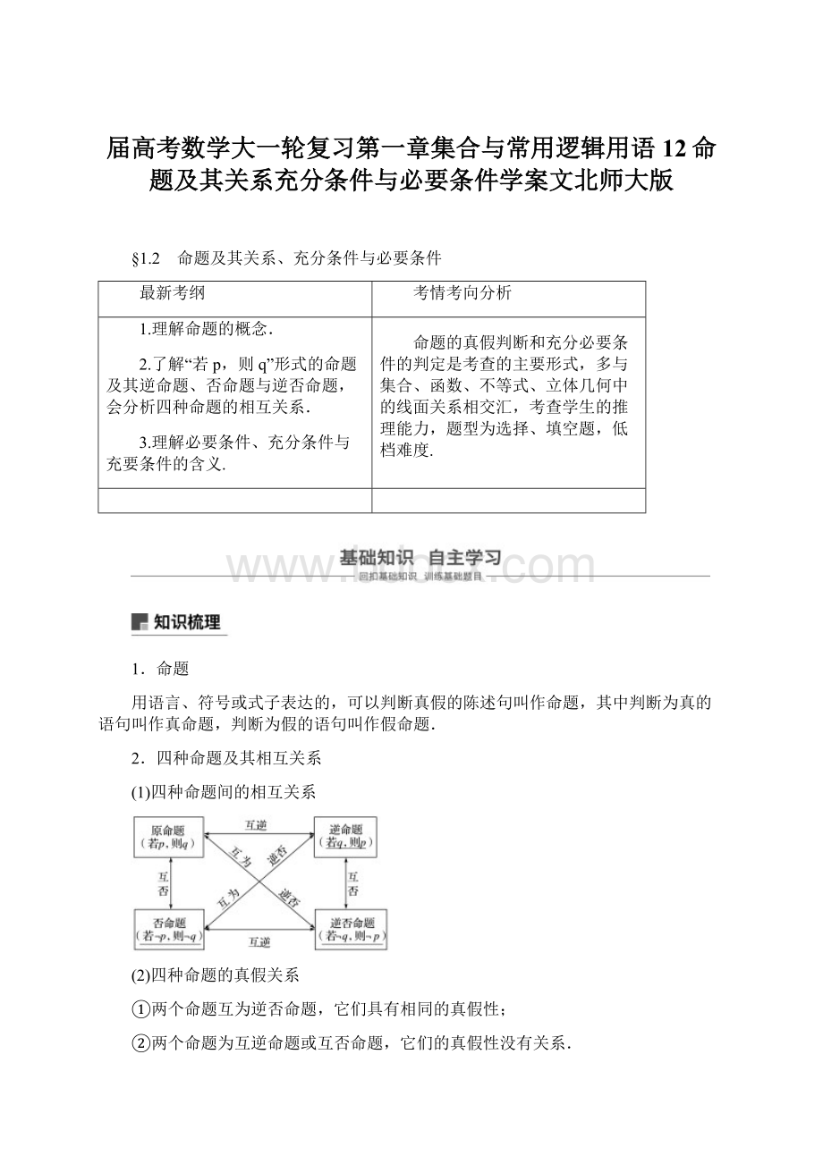 届高考数学大一轮复习第一章集合与常用逻辑用语12命题及其关系充分条件与必要条件学案文北师大版.docx