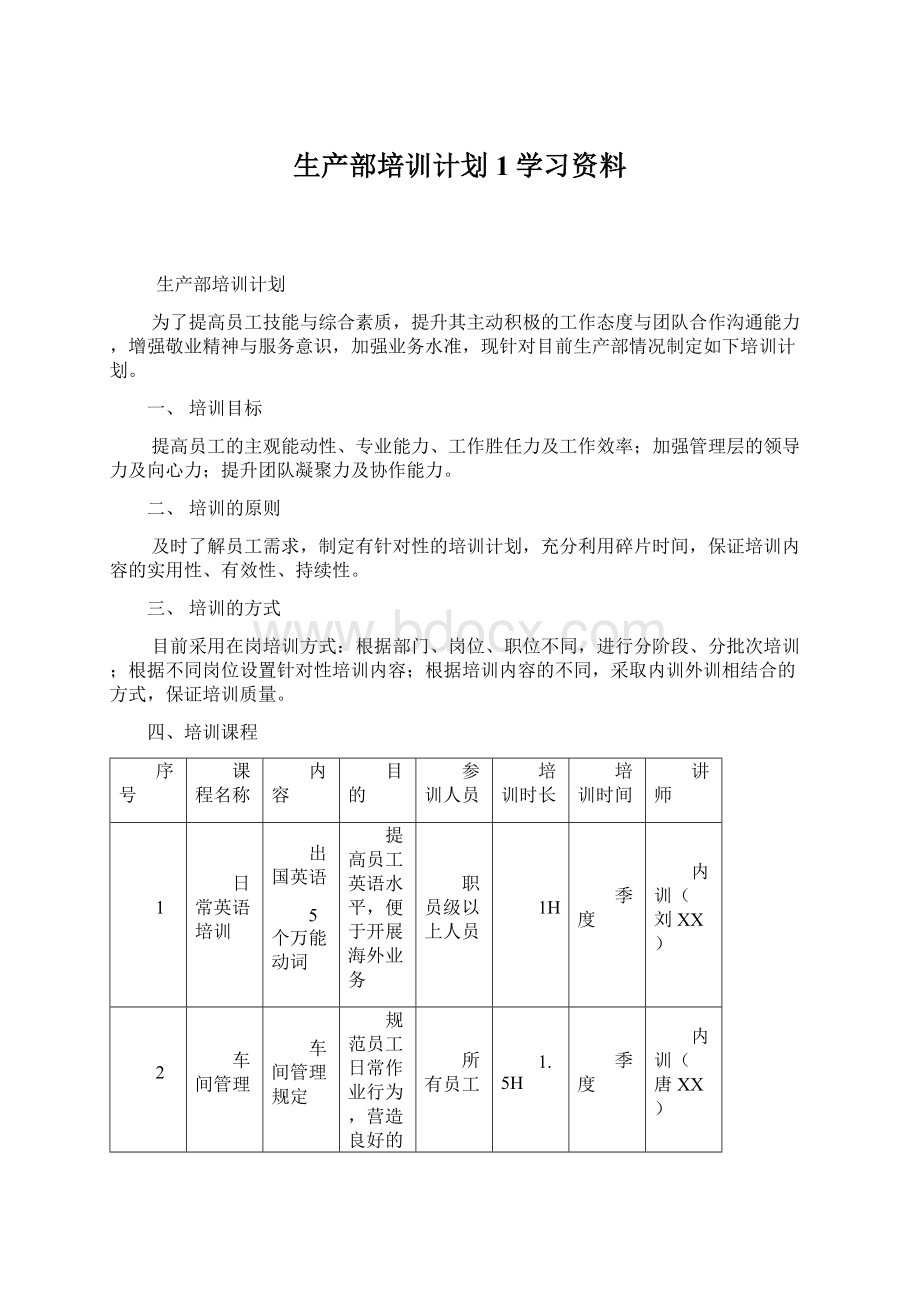 生产部培训计划1学习资料.docx