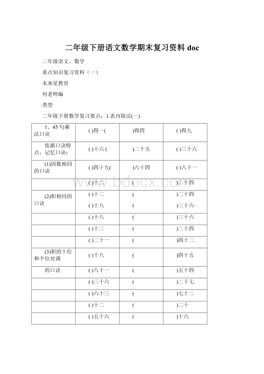 二年级下册语文数学期末复习资料doc.docx