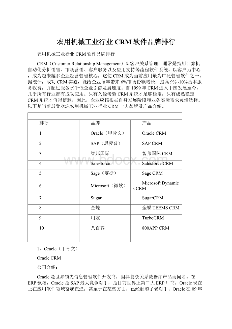 农用机械工业行业CRM软件品牌排行.docx