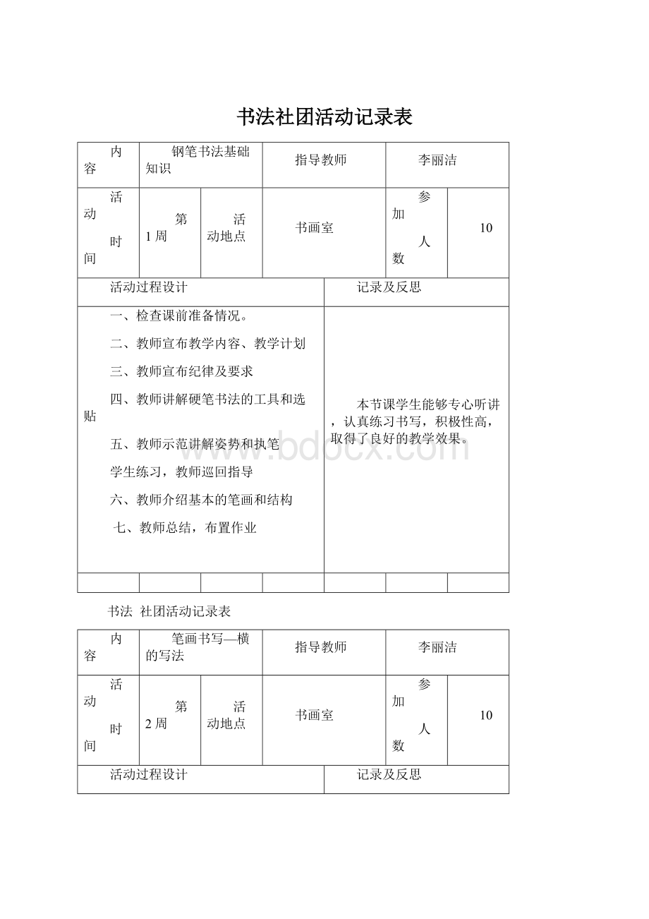 书法社团活动记录表.docx_第1页