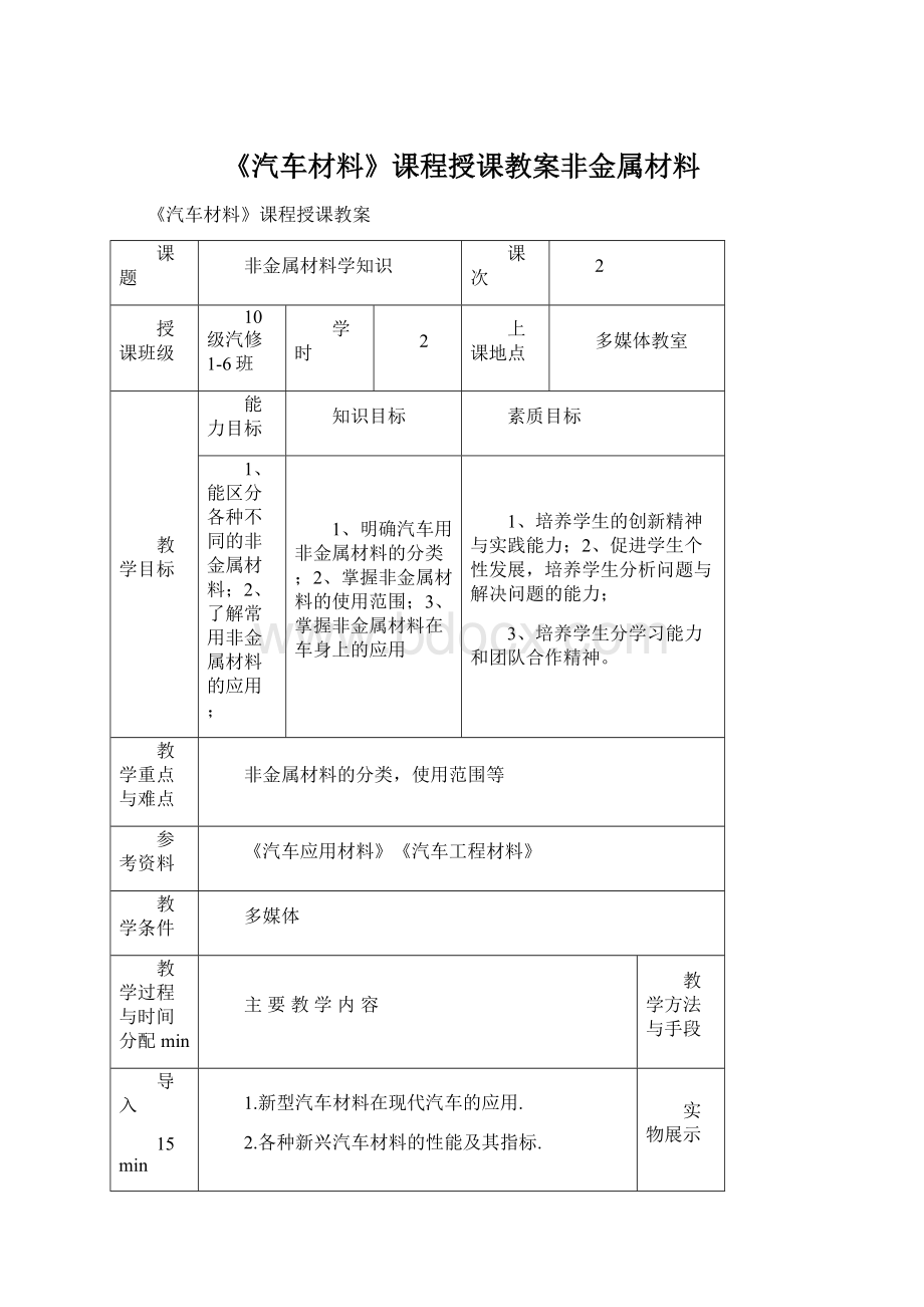 《汽车材料》课程授课教案非金属材料.docx