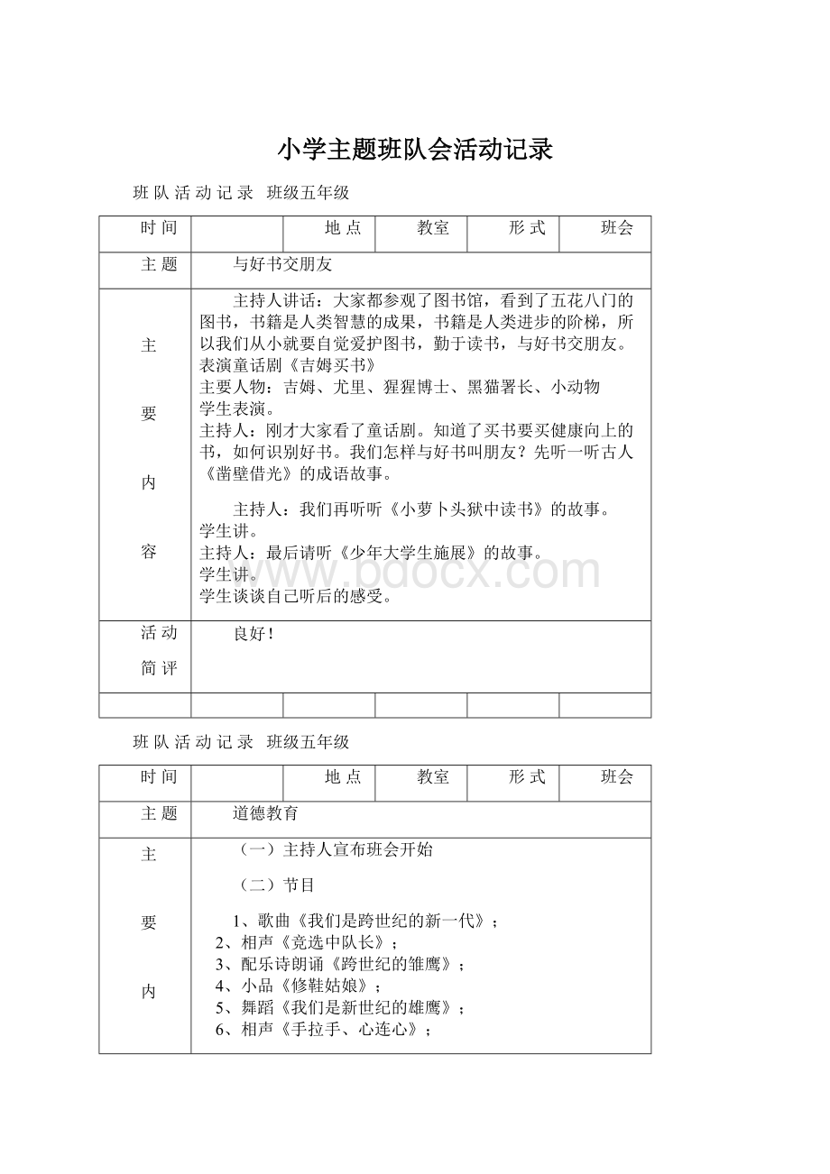 小学主题班队会活动记录.docx_第1页